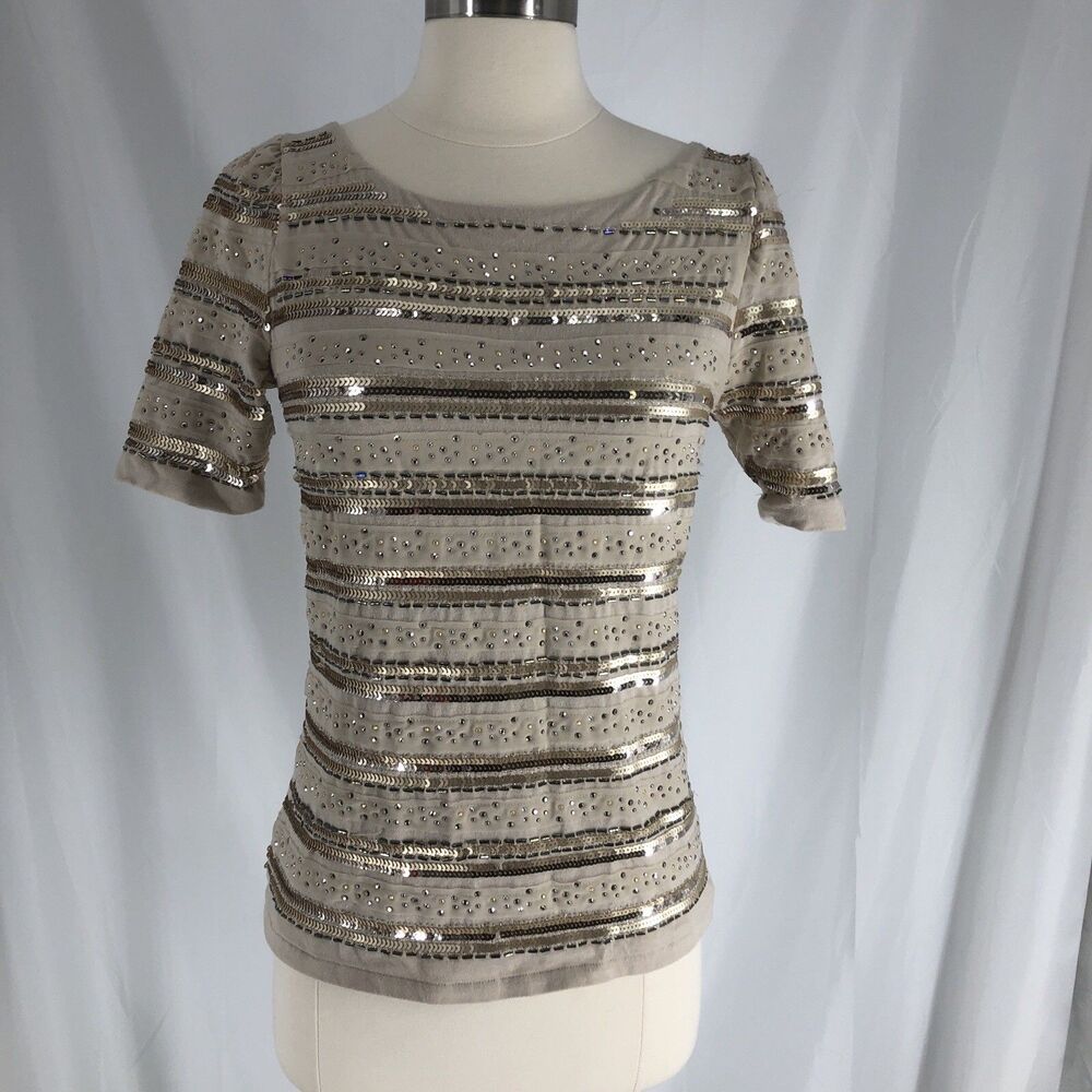White House Black Market Sequin Top Short Sleeve Zip Back XS Beige